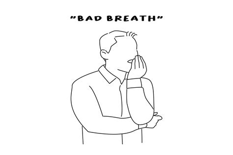 Illustration of businessman verifying bad breath, concerned with halitosis. line art style ...