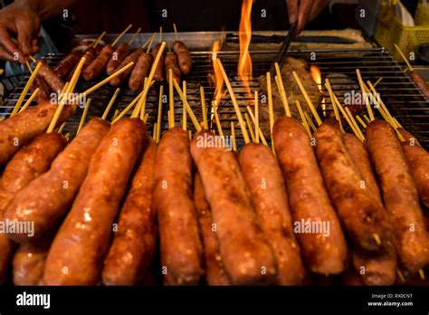 Taiwanese's style sausage selling in night market, one of the street ...