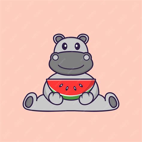 Premium Vector | Cute hippopotamus eating watermelon animal cartoon ...