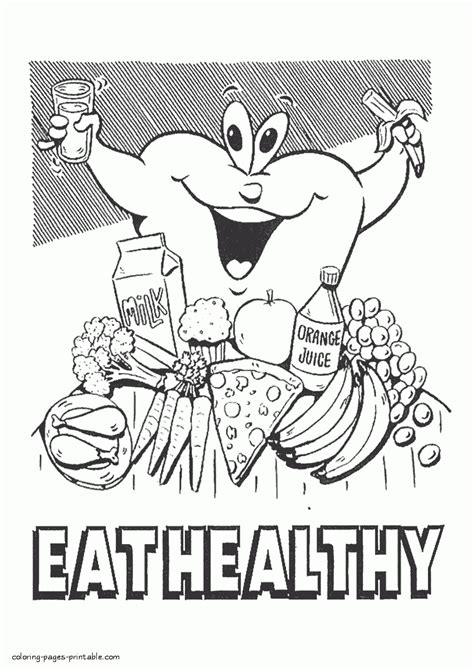 Printable food coloring pages. Eat healthy || COLORING-PAGES-PRINTABLE.COM