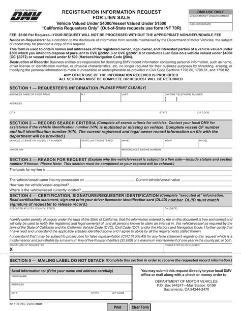 CA DMV Form INF 1126. Registration Information Request for Lien Sale | Forms - Docs - 2023