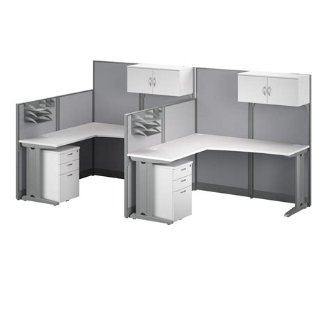 Office in an Hour 2 Person L Cubicle Desk Set in Pure White - Engineered Wood ...