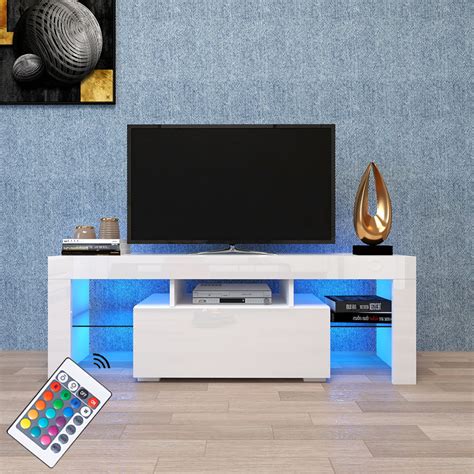 Modern White TV Stand on Clearance with LED Lights, High Gloss 12 Colors LED Universal TV Stand ...