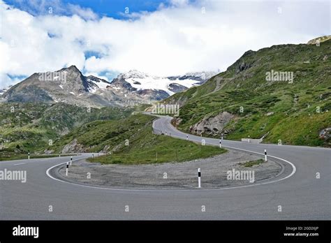 Bernina mountain pass, Passo del Bernina, in the Swiss Alps. The Bernina Pass connects the ...