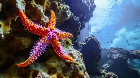 red starfish on coral reef, underwater photography of starfish, marine ...