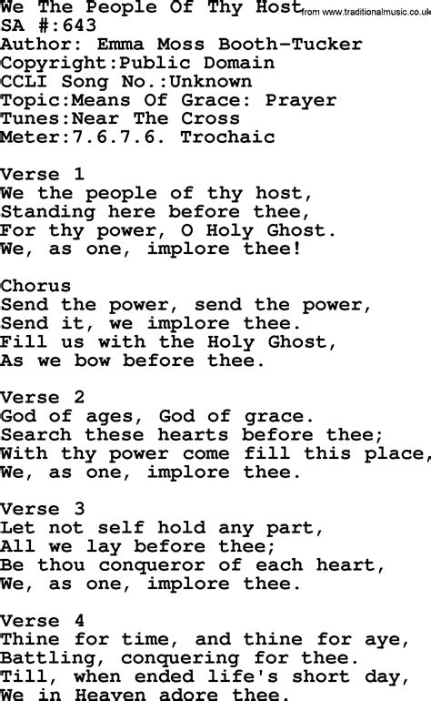 Salvation Army Hymnal Song: We The People Of Thy Host, with Lyrics and PDF