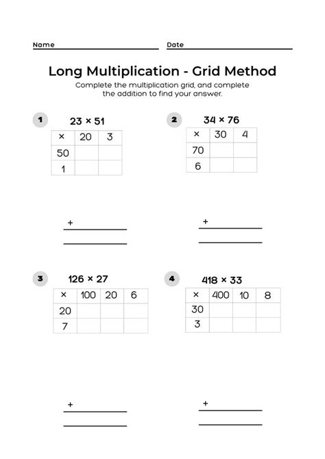 Long Multiplication - Grid Method Printable Worksheet | Long multiplication, Multiplication grid ...