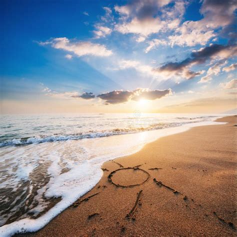 Drawing Heart on Yellow Sand on the Fantastic Sunset Stock Photo ...