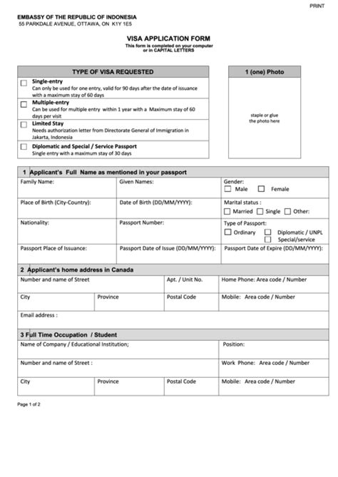 Fillable Visa Application Form - Embassy Of The Republic Of Indonesia printable pdf download