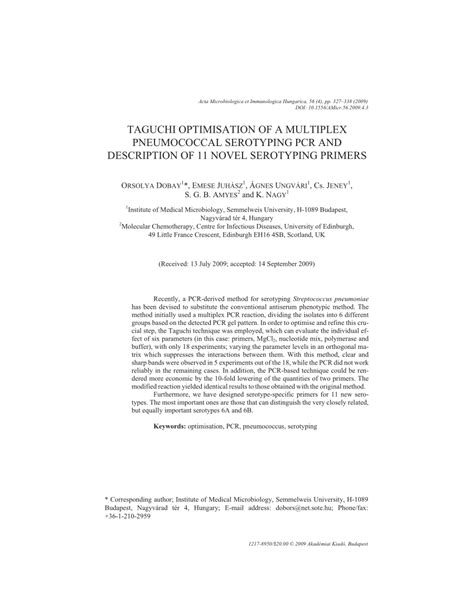 (PDF) Taguchi optimisation of a multiplex pneumococcal serotyping PCR and description of 11 ...