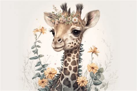 Floral Cute Baby Giraffe Watercolor 3 Graphic by 1xMerch · Creative Fabrica