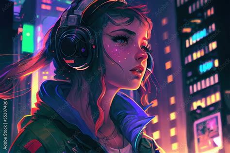 anime girl with headset vibe to music , cyberpunk, steampunk, sci-fi ...