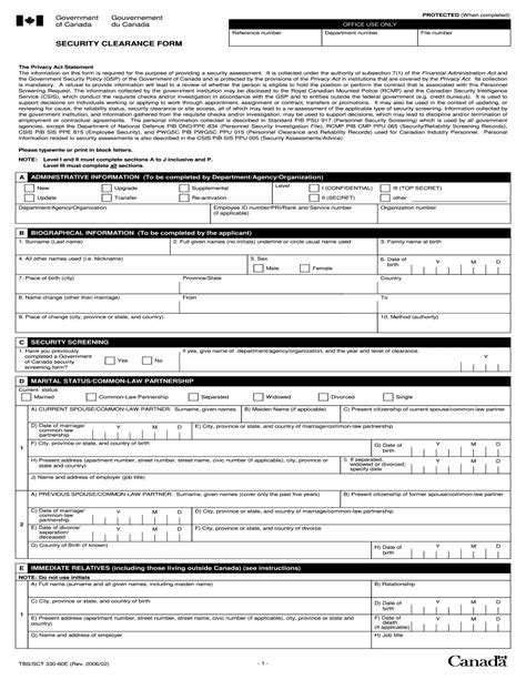 Government Of Canada Security Clearance Form - Printable Blank Online