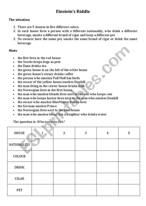 Einstein Riddle - ESL worksheet by MissDuijvestijn