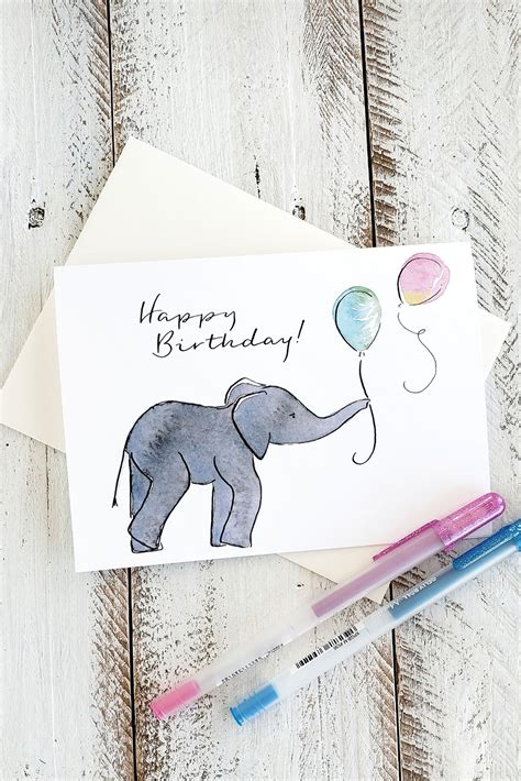 Watercolor Baby Elephant Birthday Greeting Card - The Painted Pen The Painted Pen