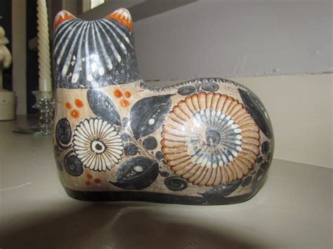 Halloween Cat - Mexican Tonala Style Ceramic Cat in Black, Grey and 'Orange' | Collectors Weekly