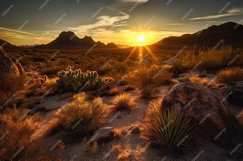 Premium AI Image | A desert landscape with a sunset in the background