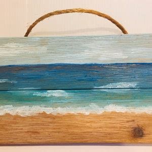 Beach Horizon Acrylic Painting on Distressed Wood, Ocean Scene Painting on Wood, Hanging Beach ...