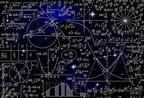 Scientific space vector seamless background with handwritten math formulas, calculations and ...