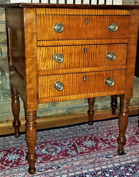 3 drawer Work Stand, nightstand, best- tiger maple, curly cherry, c1820 ...