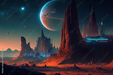 Cyberpunk city on red planet mars with planets in the background sci-fi landscape Stock ...