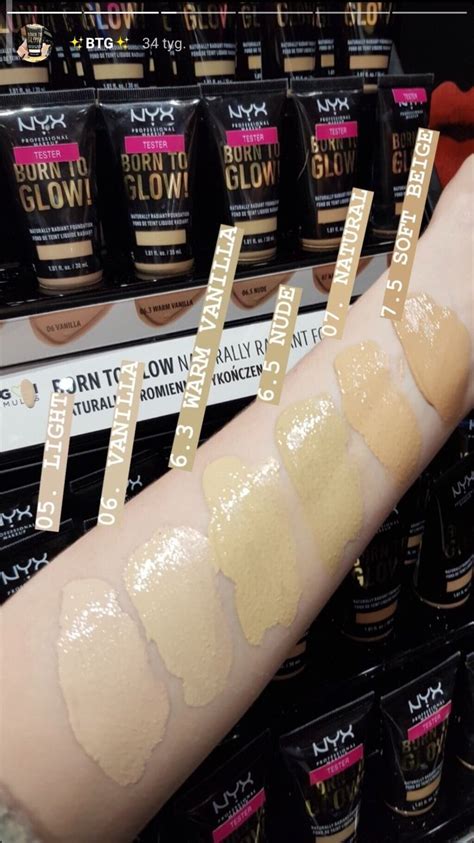 NYX Born to Glow foundation swatches | Nyx born to glow, Foundation swatches, Glow foundation