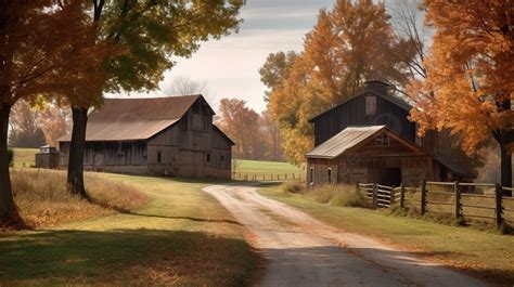 Rural Country Scene With Wooded Barns And A Dirt Road Background, Fall Picture With Barns ...