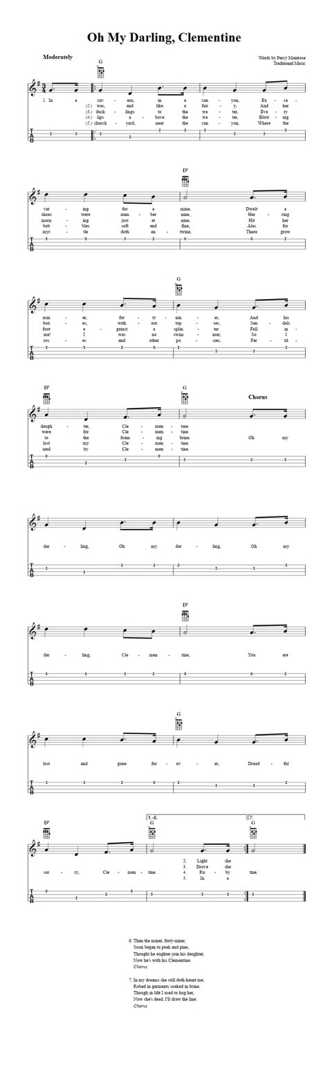 Oh My Darling, Clementine: Chords, Sheet Music and Tab for Ukulele with Lyrics