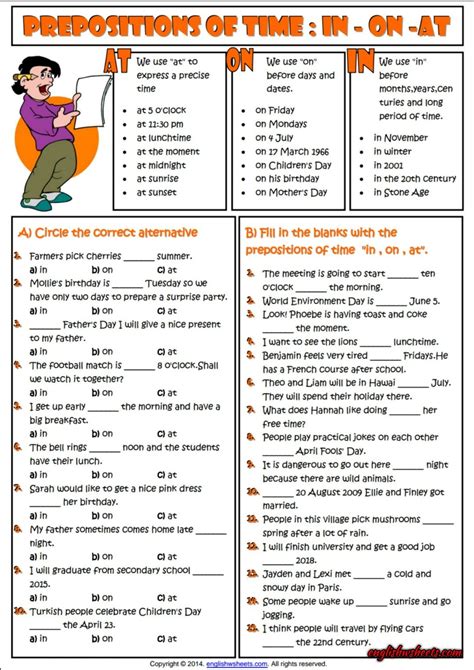 Prepositions of Time : In - On - At ESL Exercises Worksheet | English ...