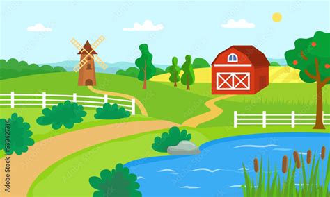 Farm landscape. Cartoon beautiful land view of the fields, mountains ...