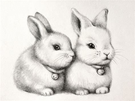 ORIGINAL cute bunnys pencil drawing rabbit couple sketch | Etsy