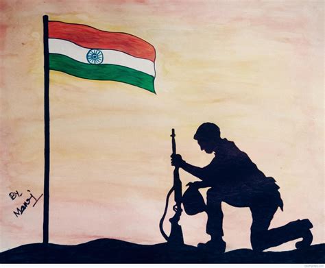 Brilliant Watercolor Painting Of Soldier With Indian Flag - Desi Painters