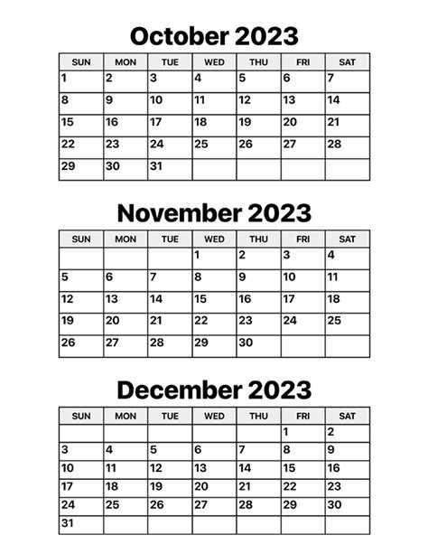 October, November and December 2023 Calendar – Calendar Options