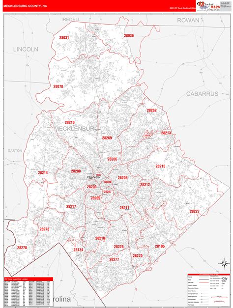 Mecklenburg County, NC Zip Code Wall Map Red Line Style by MarketMAPS - MapSales