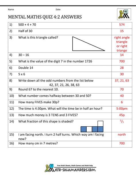 Mental Maths Test Year 4 Worksheets