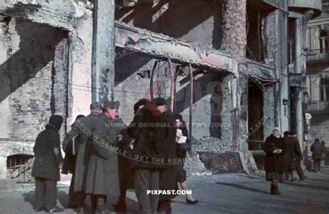 WW2 Color Poland Krakow 1940 German soldiers talk with civilians Bombed Destroyed City Buildings ...