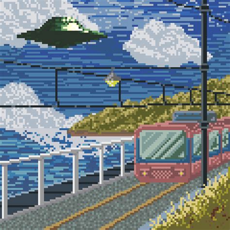 Pixel art background of train by the beach free vector 19509159 Vector Art at Vecteezy