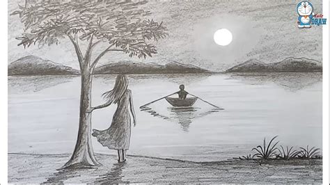 How to draw scenery of moonlight night by pencil sketch | Landscape sketch, Landscape pencil ...