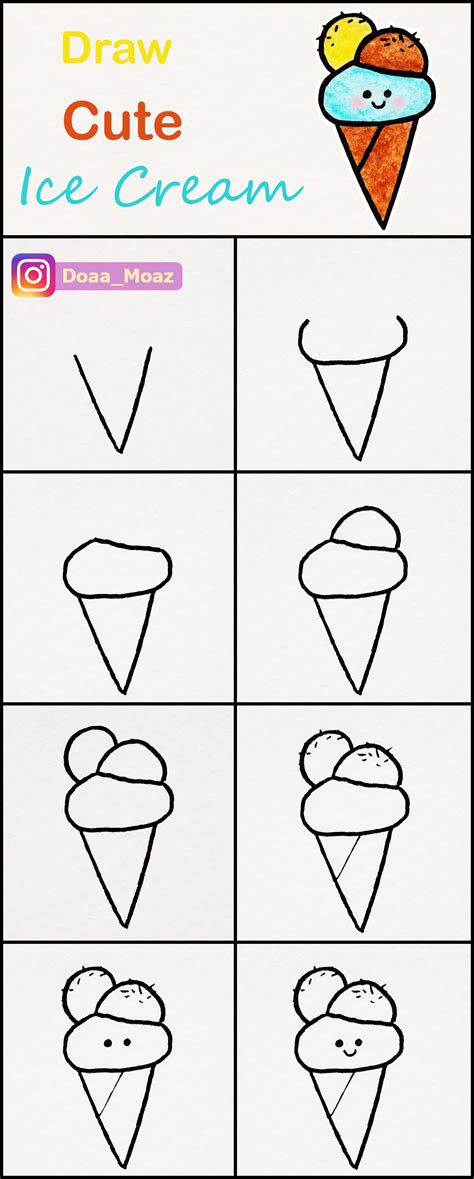 Learn how to draw a cute ice cream cone step by step ♥ very simple tutorial #icecream #drawings ...