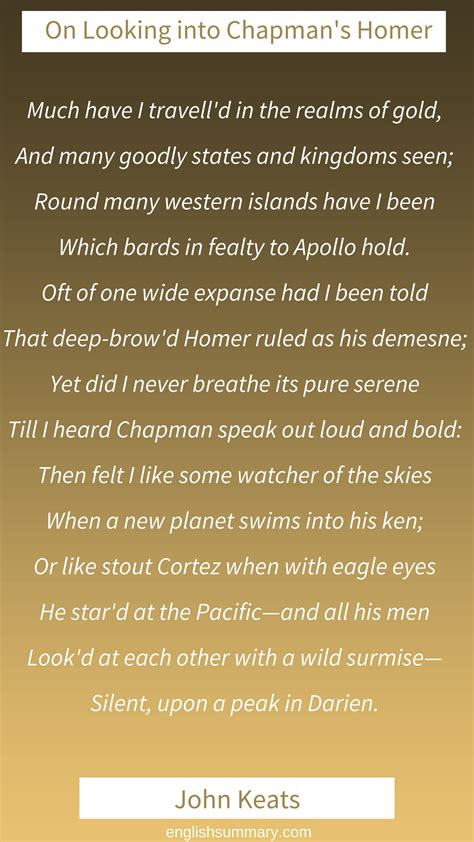 On First Looking into Chapman's Homer by John Keats | Keats, John keats, Romantic poets