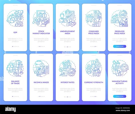 Economic indicators examples blue gradient onboarding mobile app screens set Stock Vector Image ...