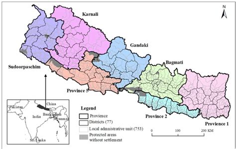 Map of Nepal showing 753 municipal units under 77 districts and seven... | Download Scientific ...