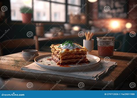 Lasagna in a Plate on a Table in a Cafe. AI Generative Stock Illustration - Illustration of ...