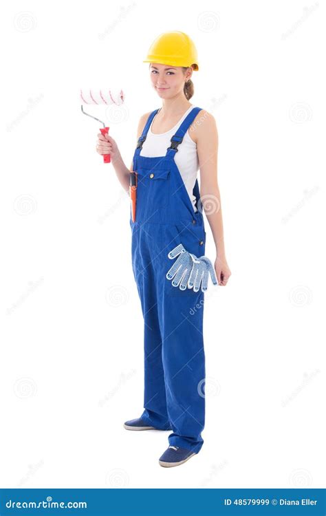 Woman Painter in Blue Coveralls Isolated on White Stock Image - Image of isolated, building ...