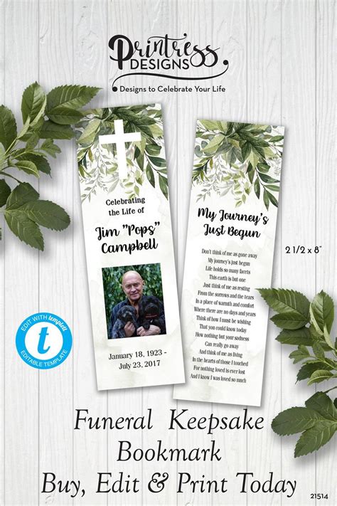 Greenery Memorial Bookmark Template, Editable Funeral Bookmark Template ...