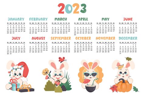 Calendar 2023. Horizontal planner with cute bunny in different seasons ...