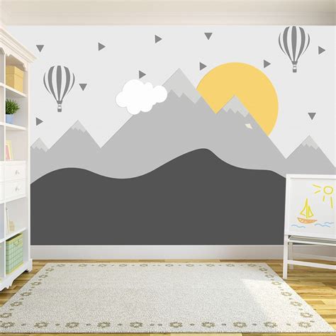 Soft Mountain and Sun Kids Room Wallpaper