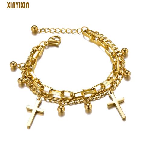 Big Gold Cross Stainless Steel Bracelet for Women Men Cute Round Balls ...