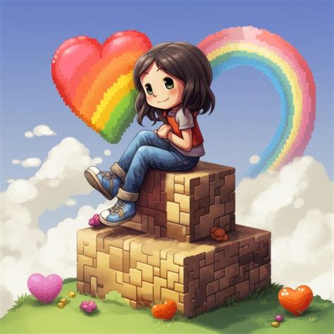 Premium Photo | A girl sitting on top of a pile of bricks with a rainbow in the background