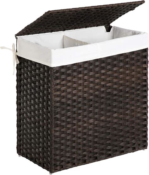 Amazon.com: SONGMICS Divided Laundry Hamper, Handwoven Laundry Basket, Synthetic Rattan Clothes ...